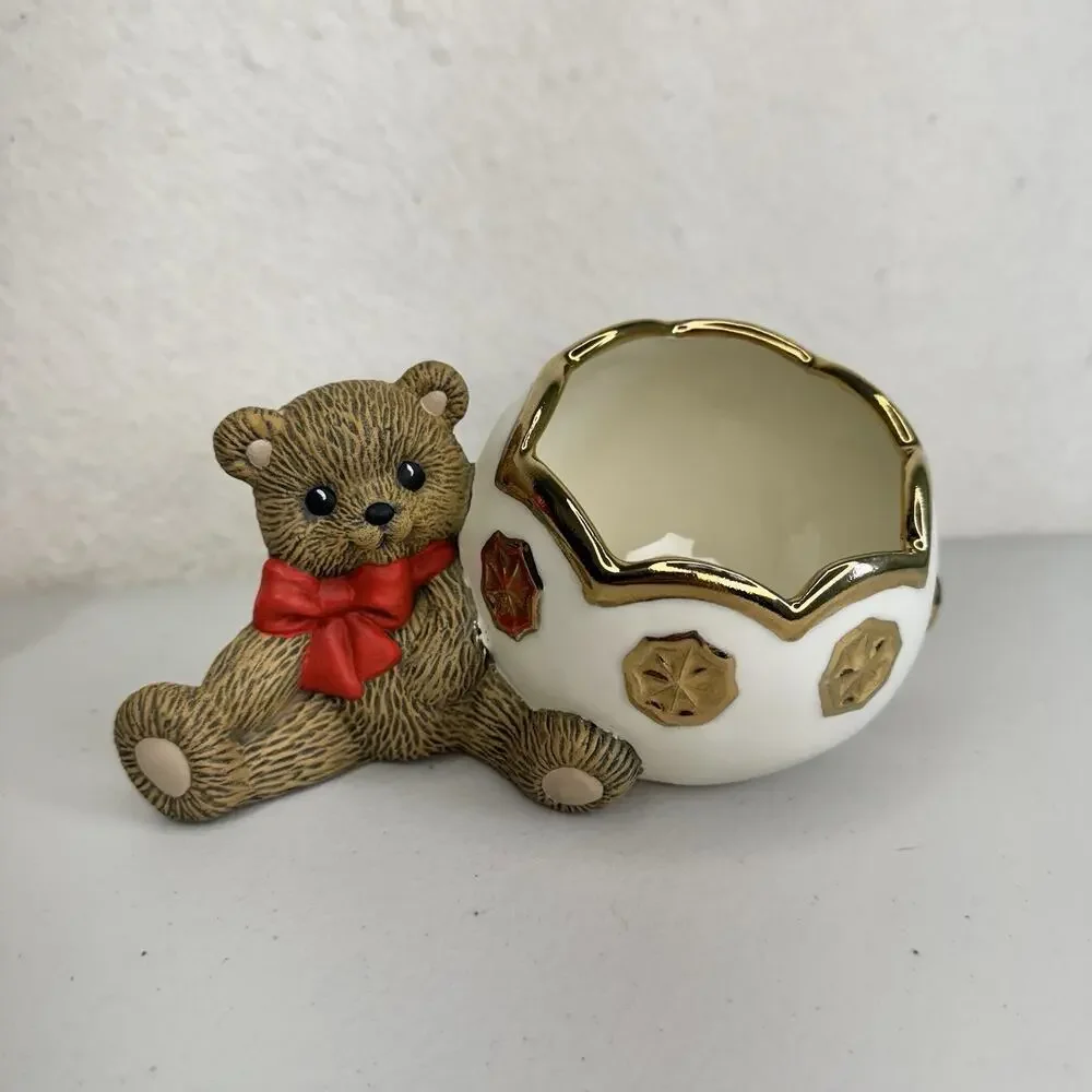 Hand Painted Holiday Christmas Teddy Bear Candy Ornament Plant Pot VTG Ceramic